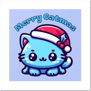 Christmas blue catmas cat Posters and Art